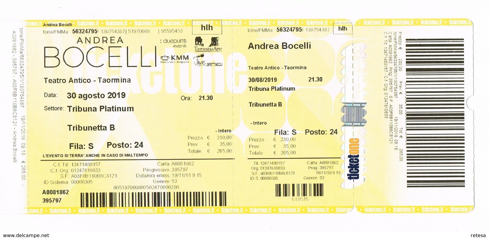 ANDREA BOCELLI TEATRO ANTICO TAORMINA 30 AGOSTO 2019  NIET  GEBRUIKTE TOEGANGSKAART - Tickets D'entrée
