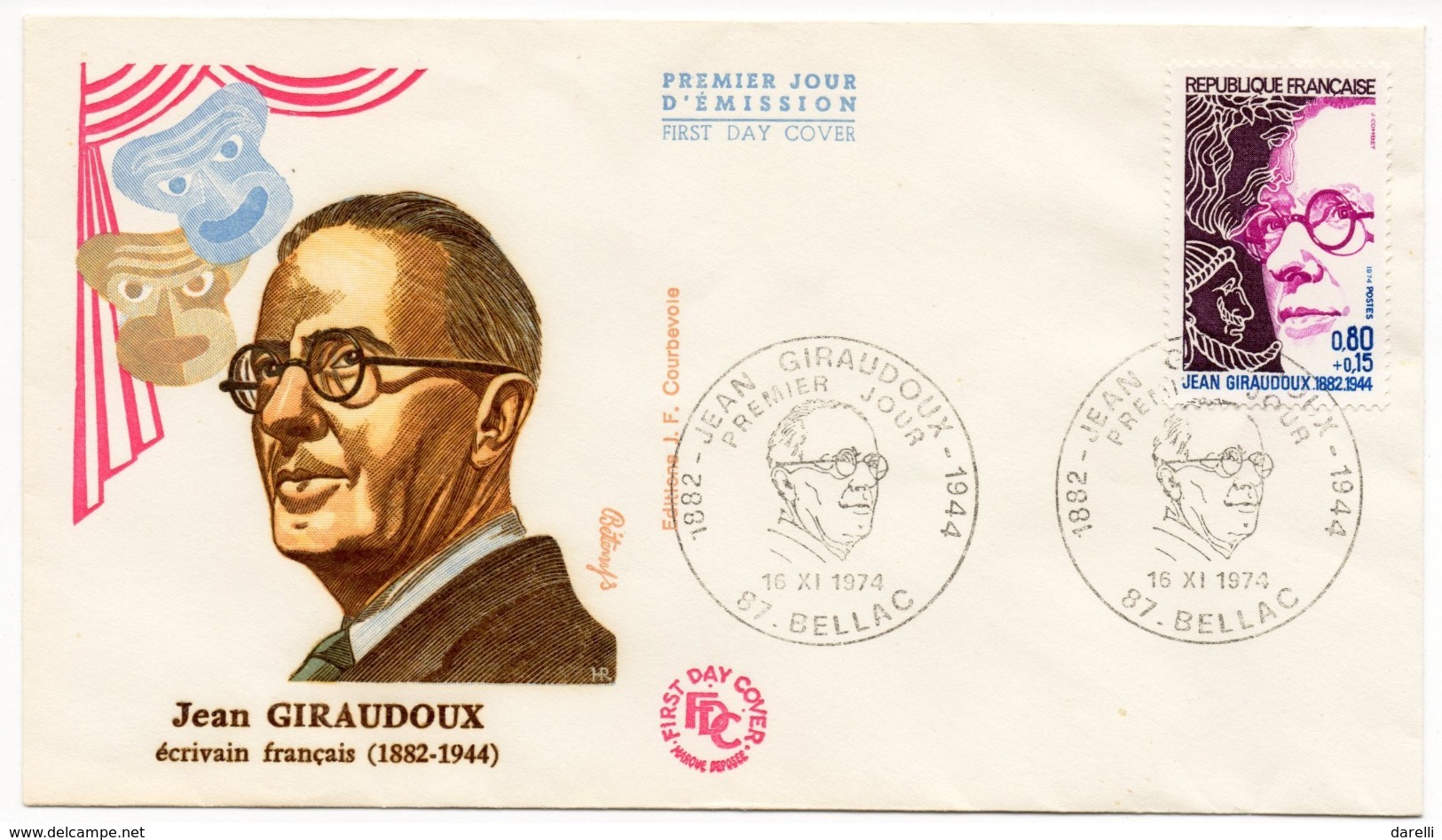 FDC France 1974 - Jean Giraudoux YT 1822 - 87 Bellac - 1970-1979