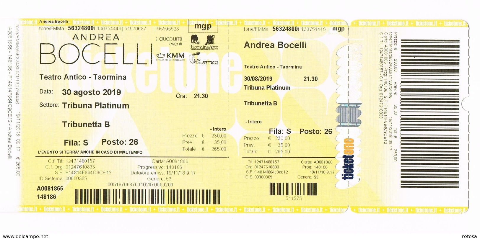 ANDREA BOCELLI TEATRO ANTICO TAORMINA 30 AGOSTO 2019  NIET  GEBRUIKTE TOEGANGSKAART - Tickets D'entrée