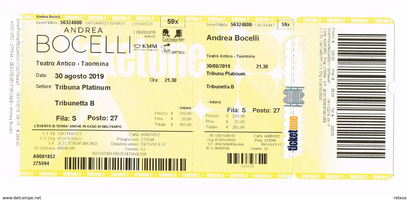 ANDREA BOCELLI TEATRO ANTICO TAORMINA 30 AGOSTO 2019  NIET  GEBRUIKTE TOEGANGSKAART - Tickets D'entrée