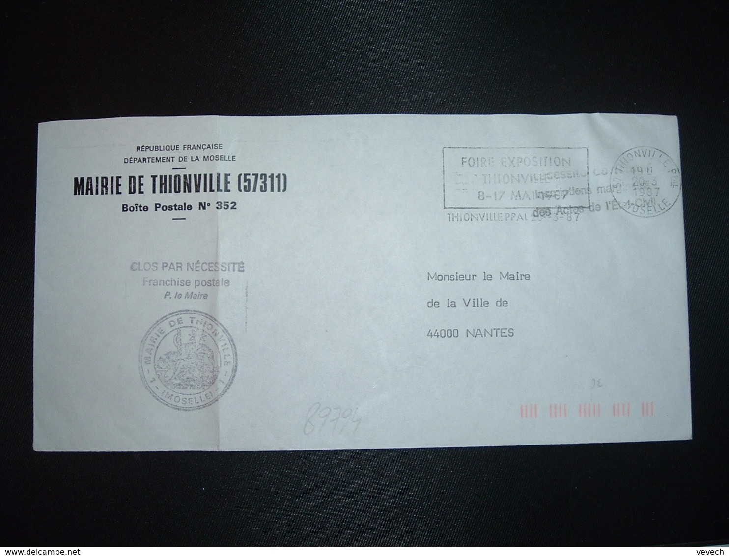 LETTRE MAIRIE OBL.MEC.20-3 1987 57 THIONVILLE PPAL MOSELLE + FOIRE EXPOSITION - Autres & Non Classés