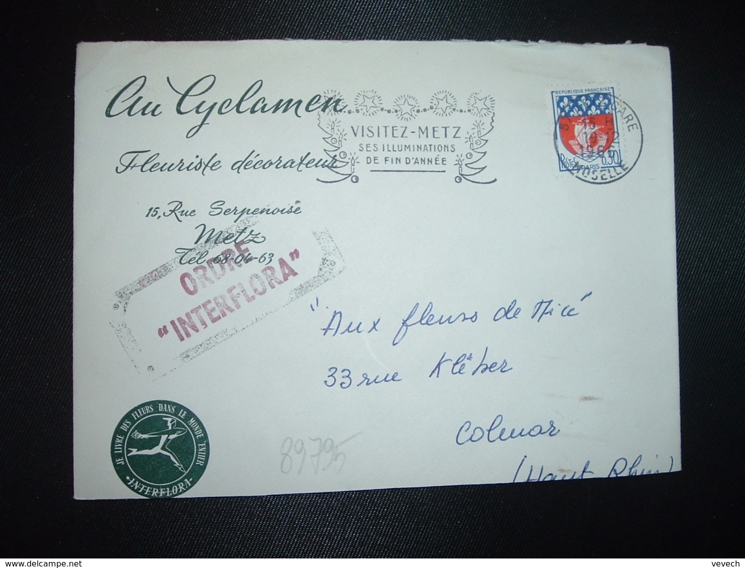 LETTRE TP BLASON PARIS 0,30 OBL.MEC.19-12 1966 57 METZ GARE MOSELLE + AU CYCLAMEN FLEURISTE INTERFLORA - Autres & Non Classés