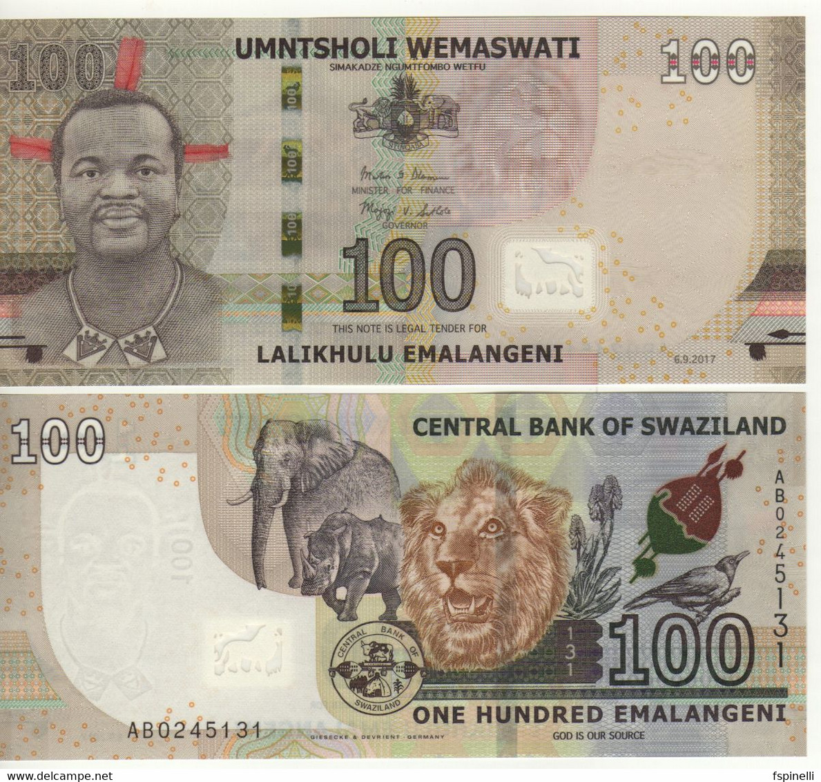 SWAZILAND - ESWATINI  100  Emalangeni   6.9.2017  P42 (Elephant-Rhino-Lion-bird-flower) UNC - Swaziland