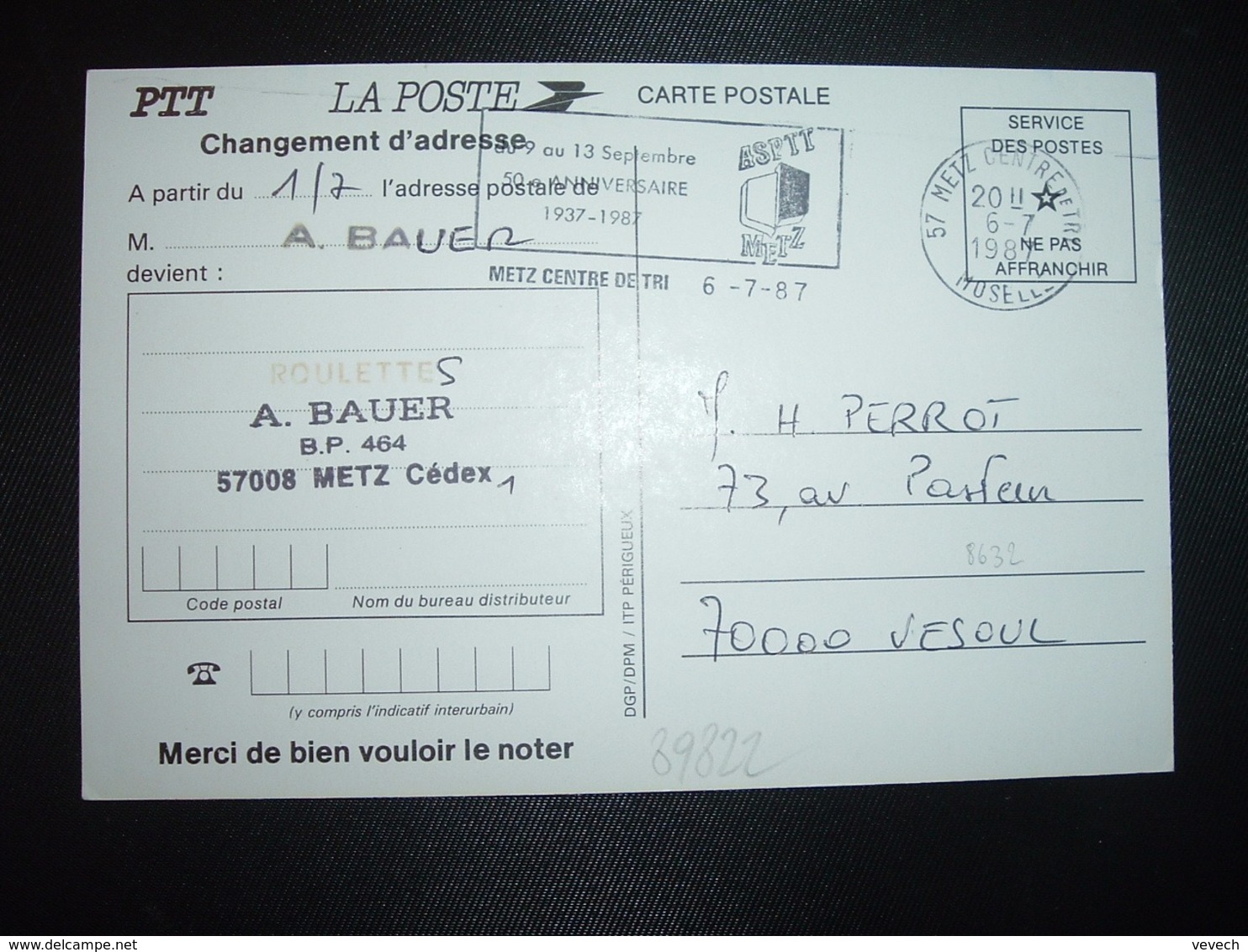 CP CHANGEMENT D'ADRESSE OBL.MEC.6-7 1987 57 METZ CENTRE DE TRI MOSELLE  + ASPTT METZ - 1961-....