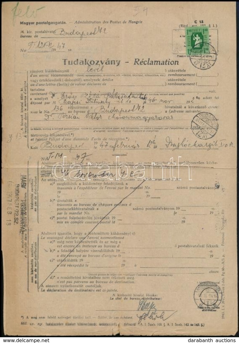 1947 Tudakozvány Ajánlott Levélről Forint-fillér 1Ft Bérmentesítéssel. Ritka Darab! - Other & Unclassified