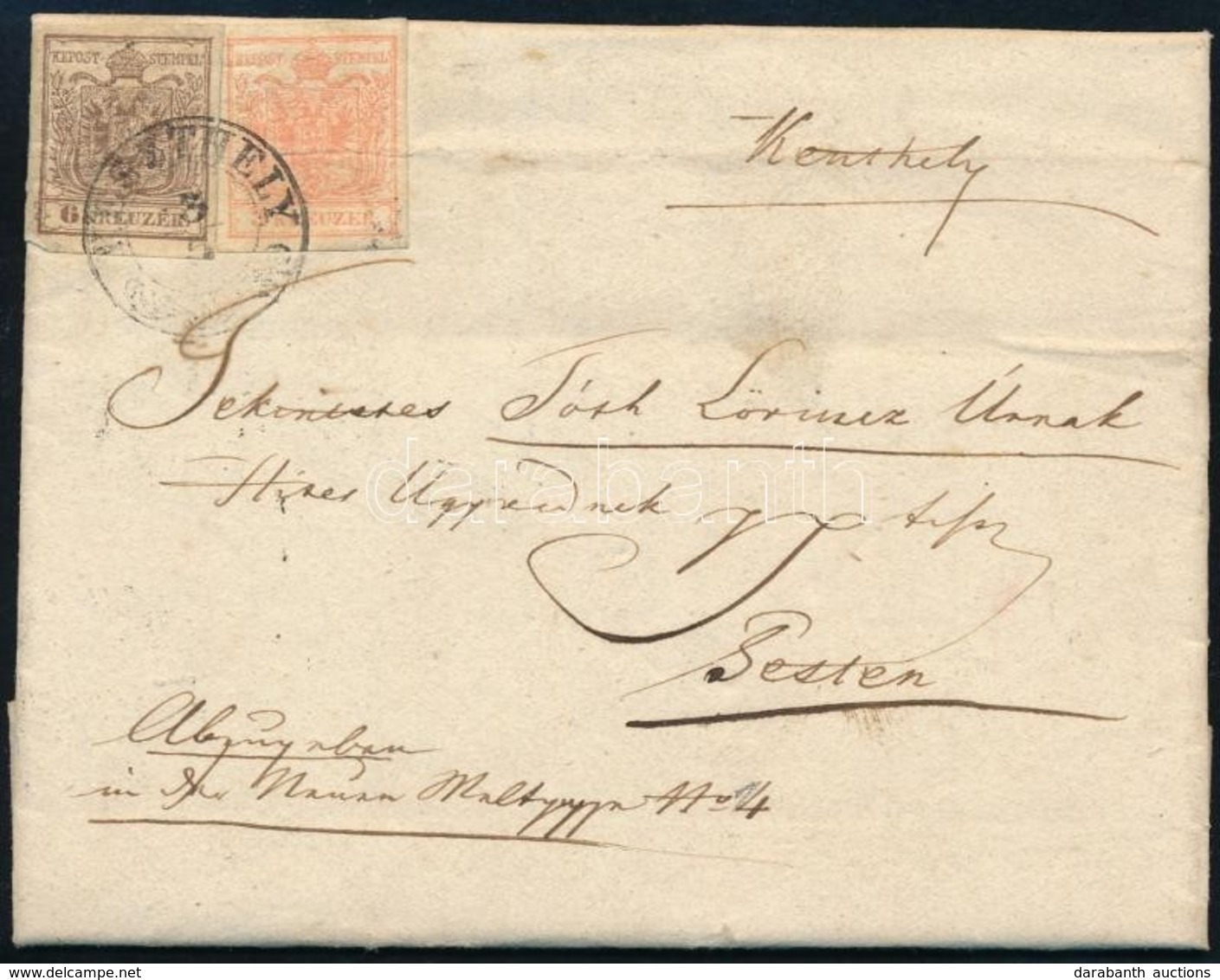 1854 3kr + 6kr Távolsági Levélen (regiszterhajtás) 'KESZTHELY' - 'VESZPRIM' - 'PESTH' - Other & Unclassified