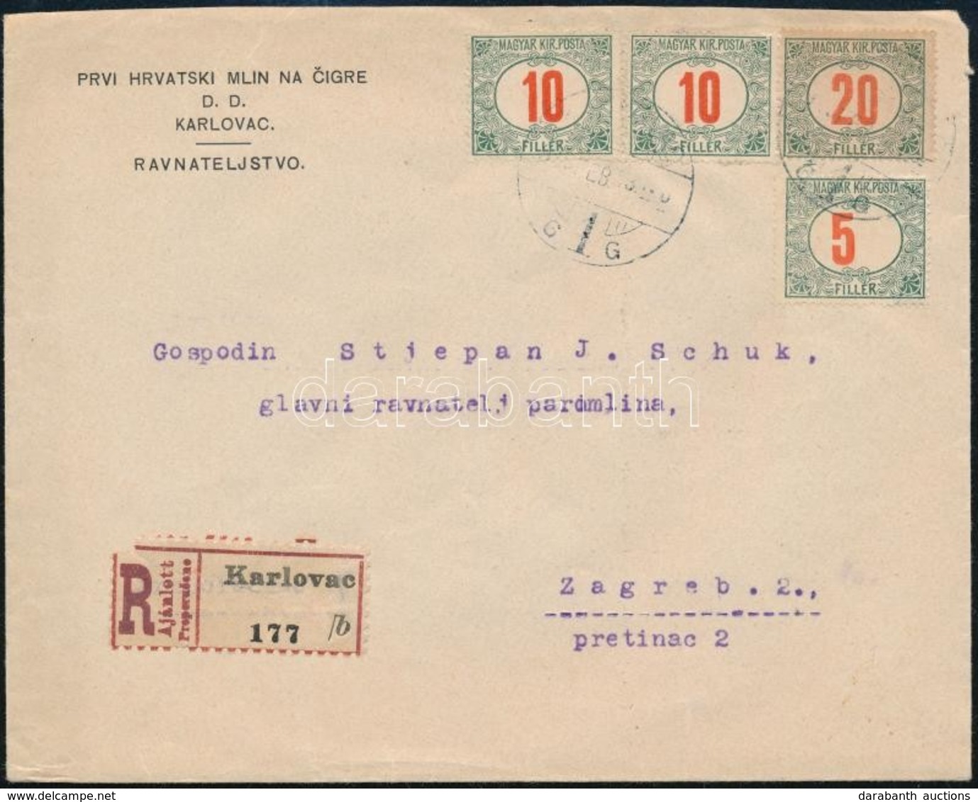 1918 Postabélyeg Helyett Használt Portóbélyegek Ajánlott Levélen 'KARLOVAC' -Zagreb - Otros & Sin Clasificación