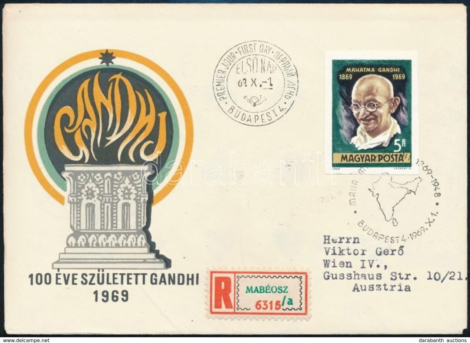 1969 Mahatma Gandhi Vágott Bélyeg Ajánlott FDC-n Bécsbe - Sonstige & Ohne Zuordnung