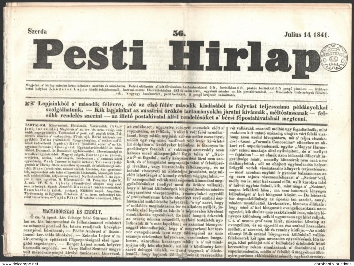 1841 Pesti Hírlap Szignettával - Sonstige & Ohne Zuordnung