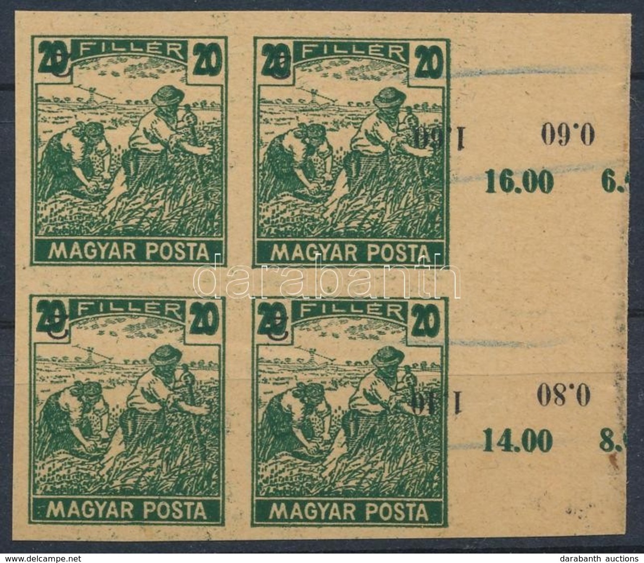 (*) 1919 Magyar Posta Arató 20f Sötétzöld Próbanyomat Elcsúszott értékszámmal Vágott Négyestömbben Jobb Oldali ívszéllel - Sonstige & Ohne Zuordnung