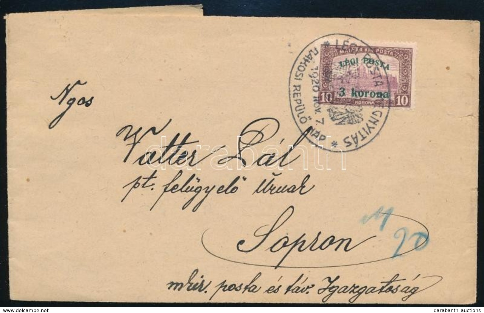 1920 Címszalag Légi Posta 3K/10K Bérmentesítéssel Sopronba Küldve - Sonstige & Ohne Zuordnung