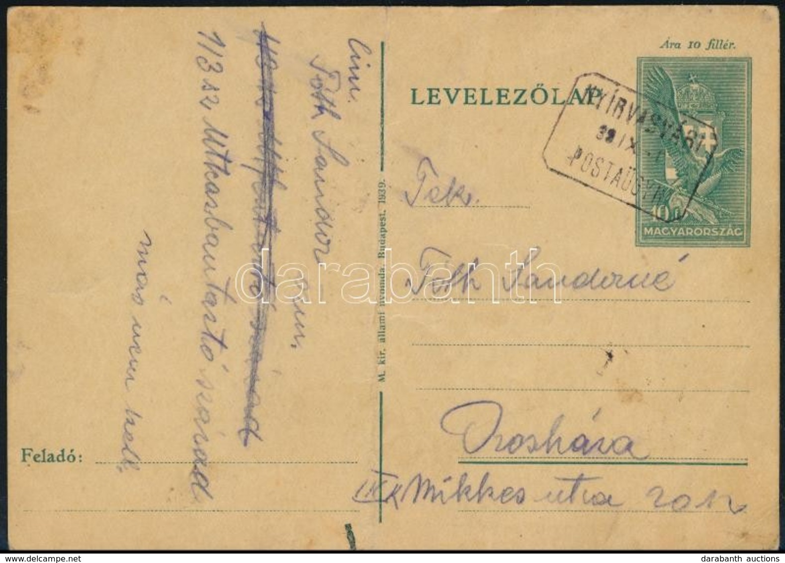 1939 Levelezőlap 'NYÍRVASVÁRI' Postai ügynökség Bélyegzéssel - Sonstige & Ohne Zuordnung