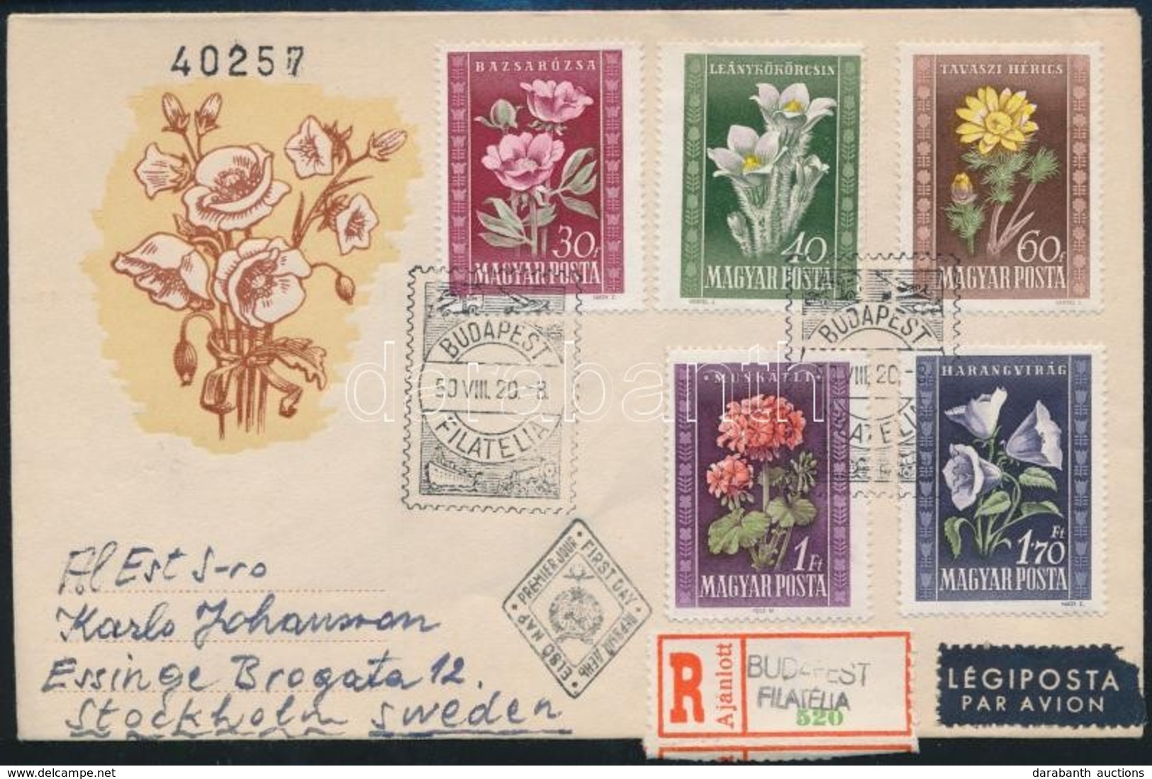 1950 Virág Sor Ajánlott, Légi FDC-n Svédországba - Sonstige & Ohne Zuordnung