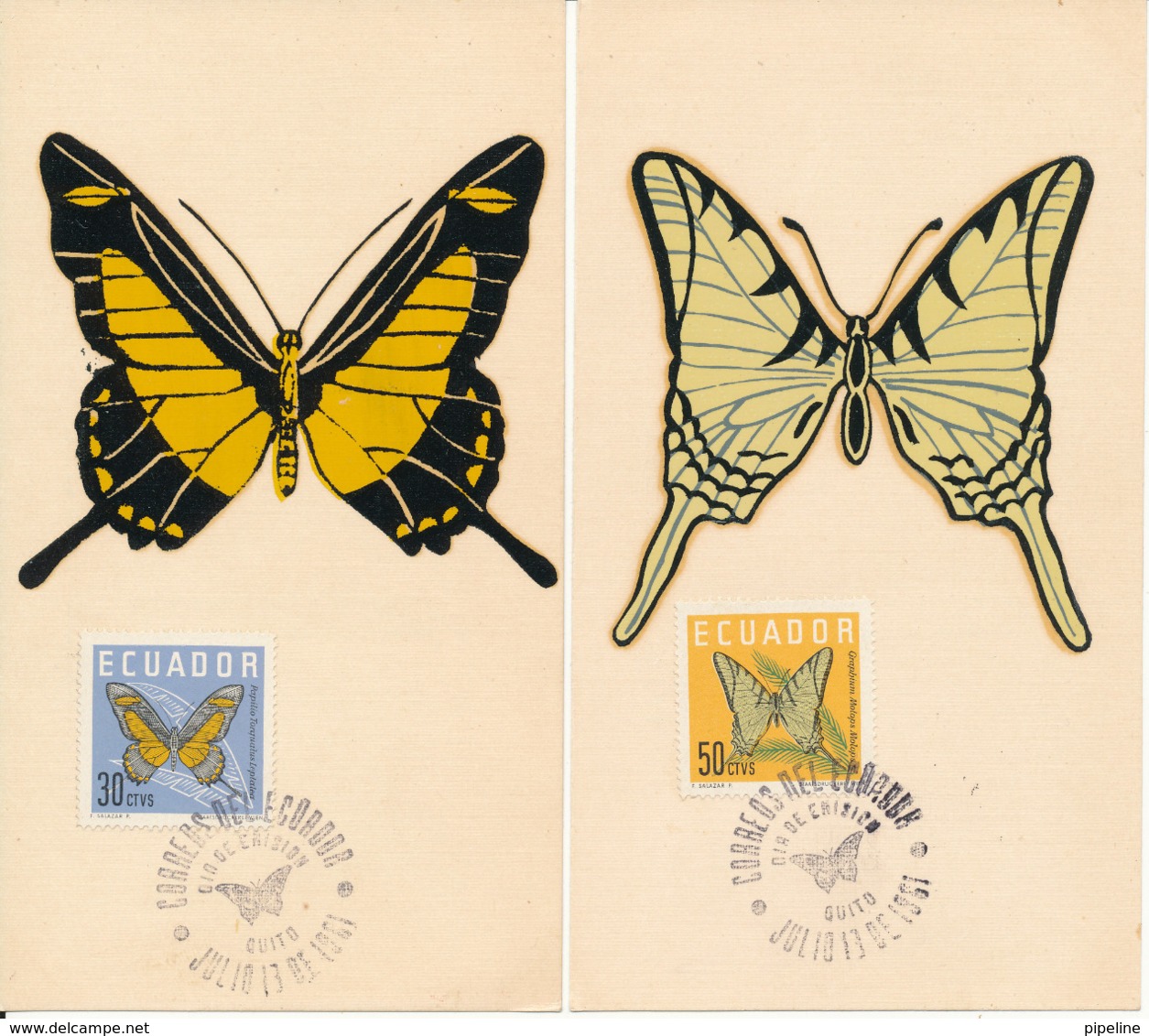 Ecuador Maximum Cards 13-7-1961 4 BUTTERFLIES On 4 Cards - Ecuador