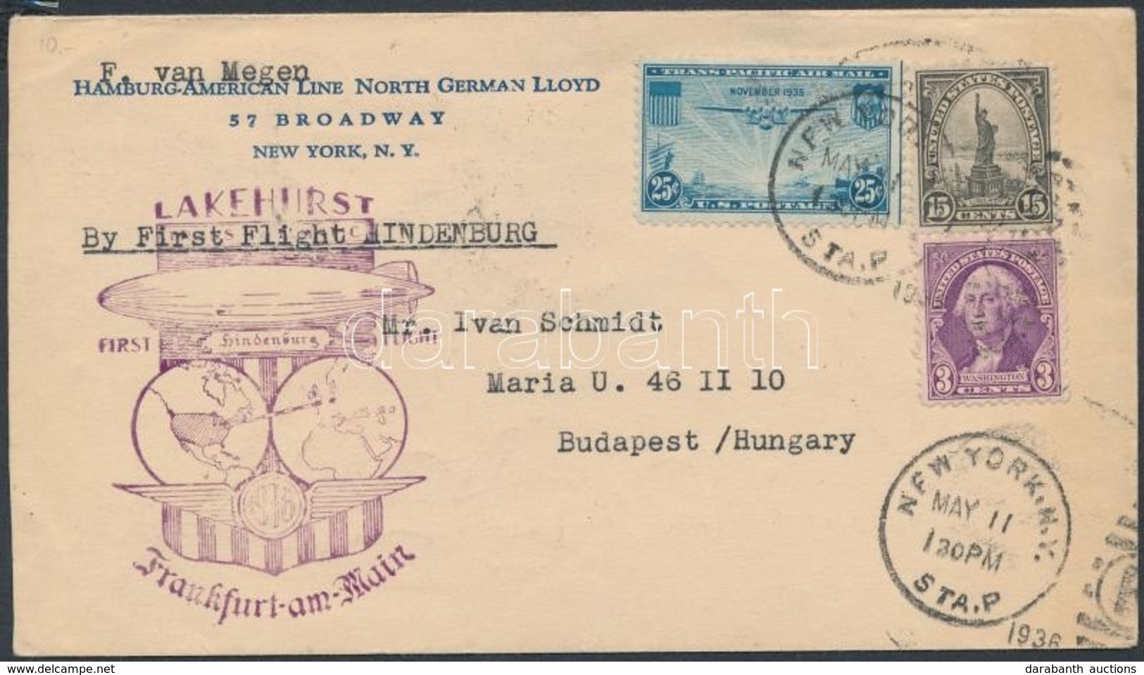 1936 Hindenburg Léghajó Lakehurst - Frankfurt Első Repülés Levél Budapestre - Sonstige & Ohne Zuordnung