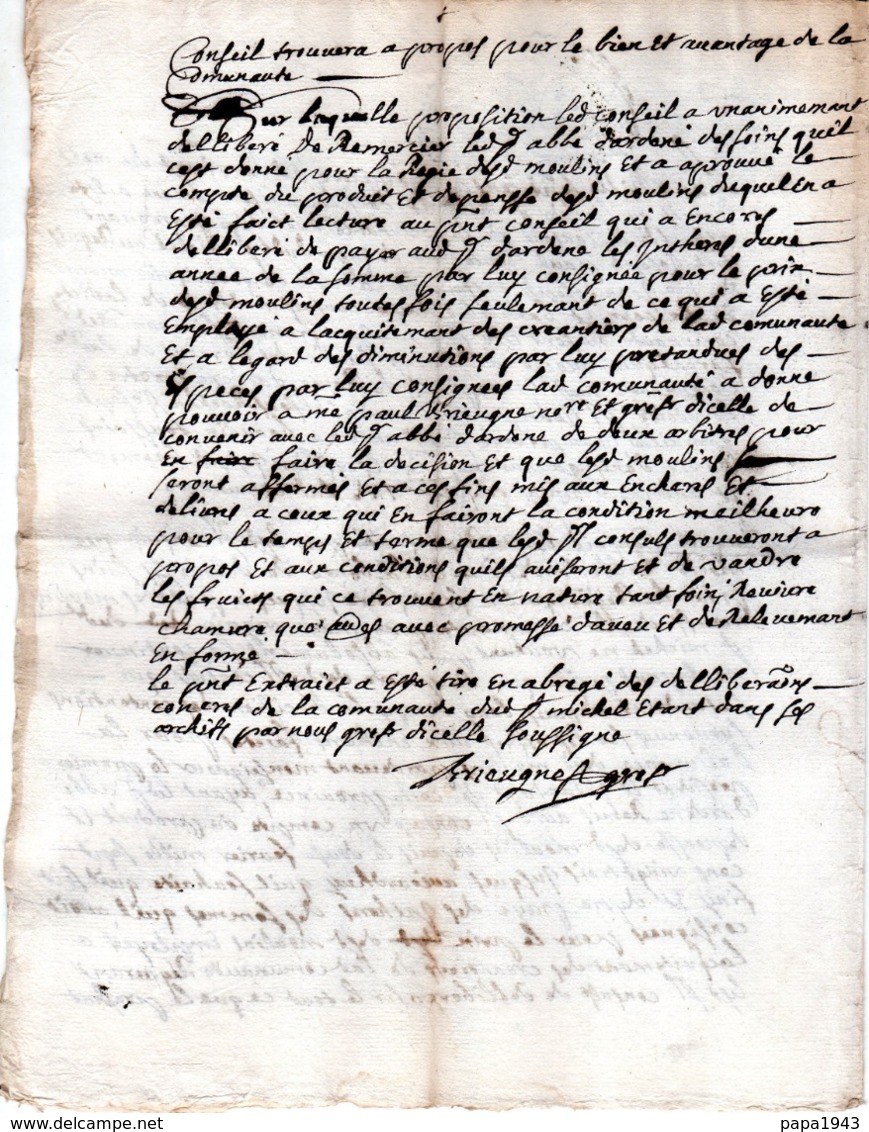 1724 Délibération Du Conseil De St MICHEL L' Observatoire  Sur La Gestion De Ses Moulins - Historical Documents