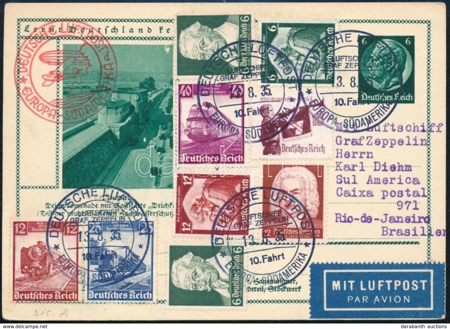 1935 Zeppelin 10. Dél-amerikai útja Képeslap Rio De Janeiroba / Zeppelin 10th South America Flight Postcard To Rio - Sonstige & Ohne Zuordnung