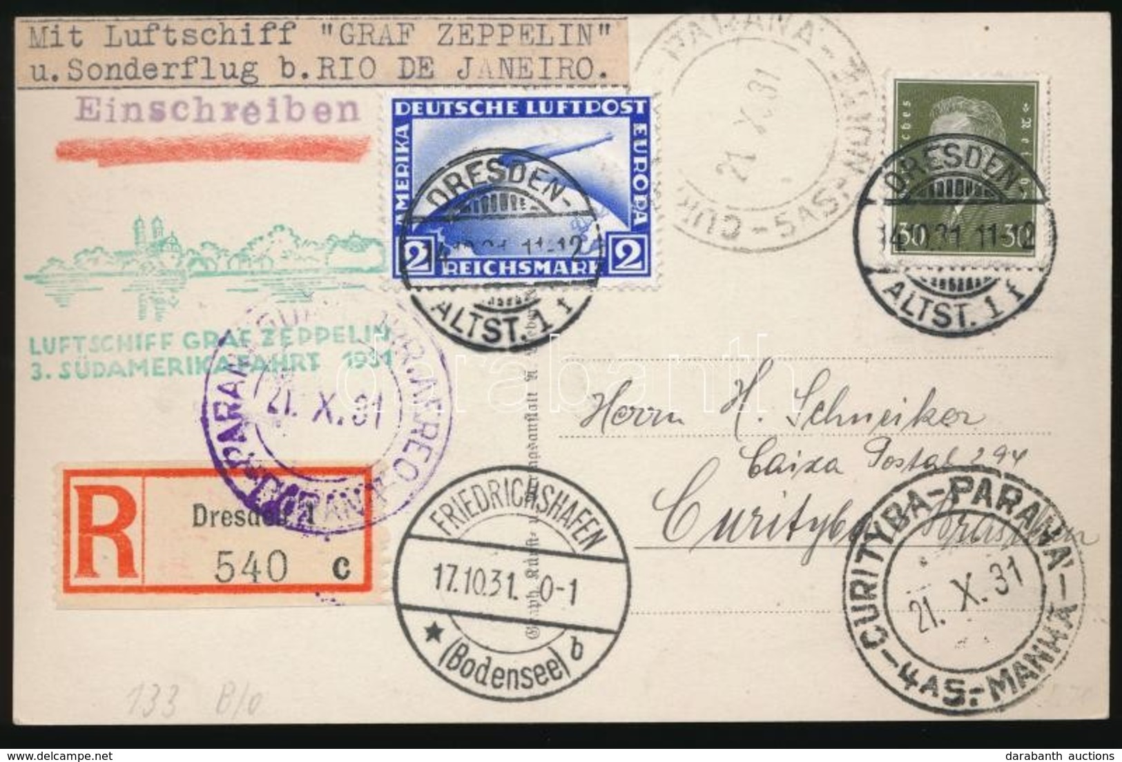 1931 Zeppelin 3. Dél-amerikai útja Ajánlott Képeslap Brazíliába / Zeppelin 3rd South America Flight Registered Postcard  - Sonstige & Ohne Zuordnung