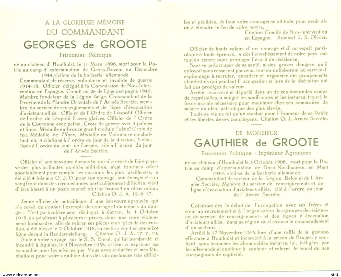 Doodsprentje - Carte De Deuil Georges De Groote En Gauthier De Groote - Concentratiekamp Gross-Rozen En Dora-Nordhausen - Décès