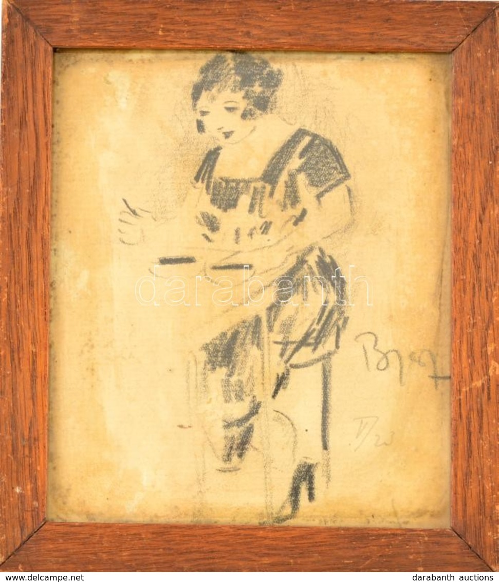 Bernáth Jelzéssel: Nő Az Asztalnál. Szén, Papír, Foltos, üvegezett Keretben, 13×11,5 Cm - Sonstige & Ohne Zuordnung