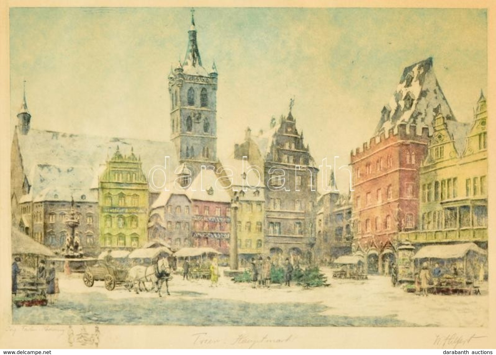 W. Hilfert Jelzéssel: Trier - Hauptmarkt. Színezett Rézkarc, Papír, üvegezett Keretben, 28×38 Cm - Otros & Sin Clasificación