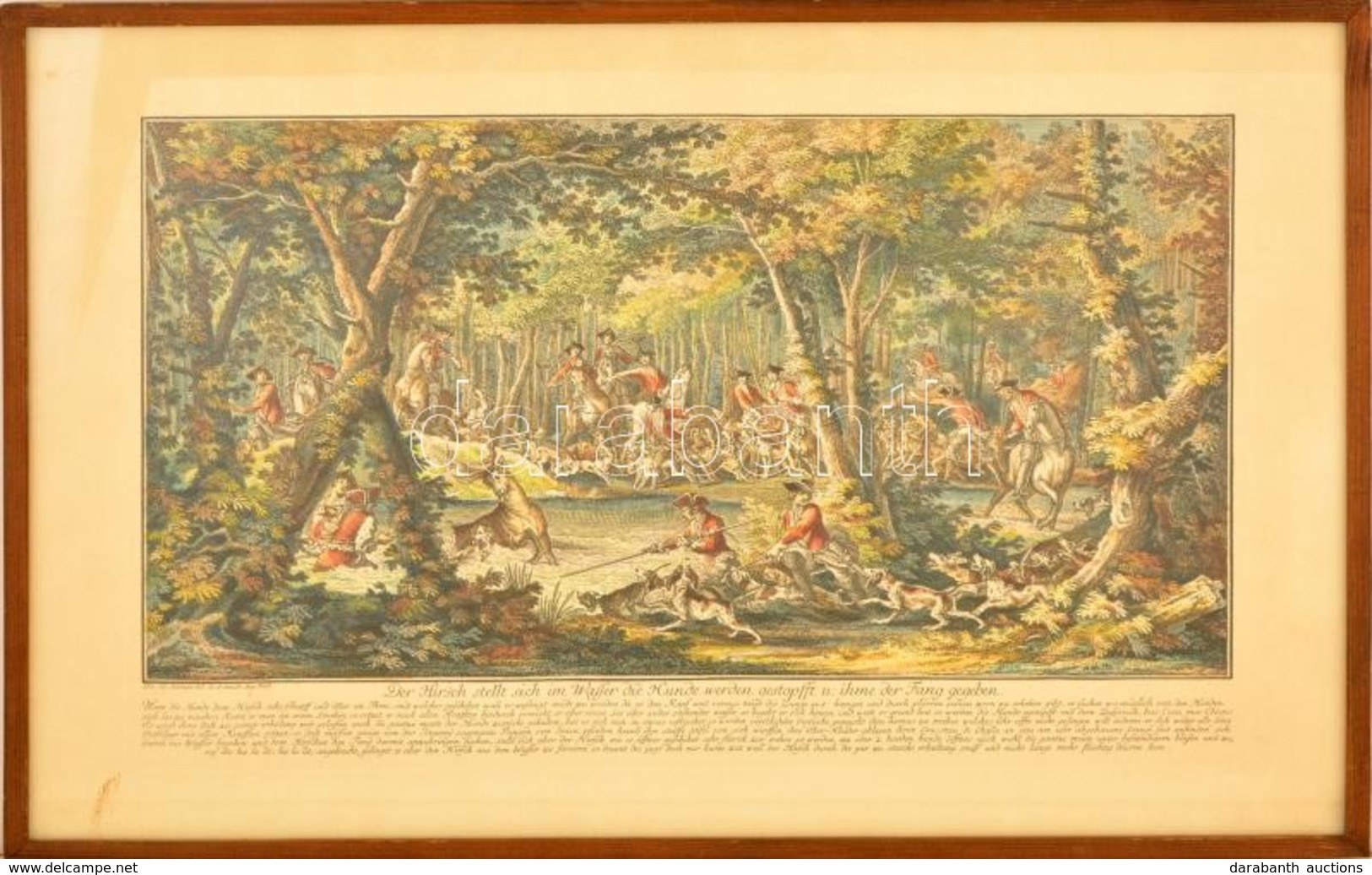 Cca 1800 Szarvasvadászat, Johann Elias Ridinger Festménye Után, Színezett Mélynyomás, üvegezett Keretben, 24×45 Cm - Prints & Engravings