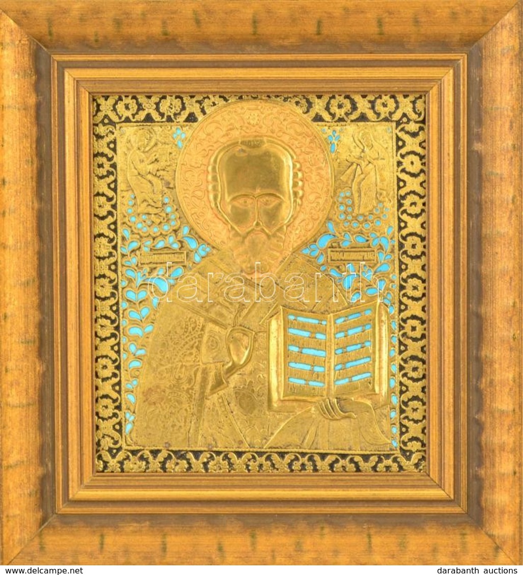 Jelzés Nélkül: Szent Miklós. Bronz Modern Ikon, Zománc Díszítéssel, Keretben, 25×22 Cm - Sonstige & Ohne Zuordnung