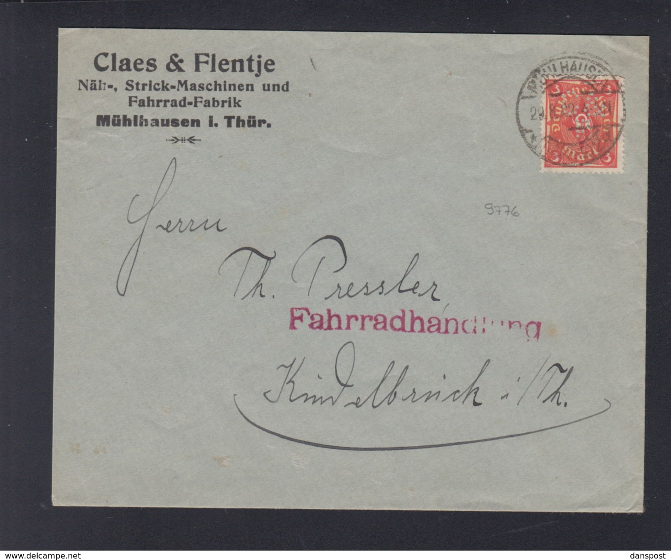 Dt. Reich Brief 1922 Lochung Claes & Flentje - Briefe U. Dokumente