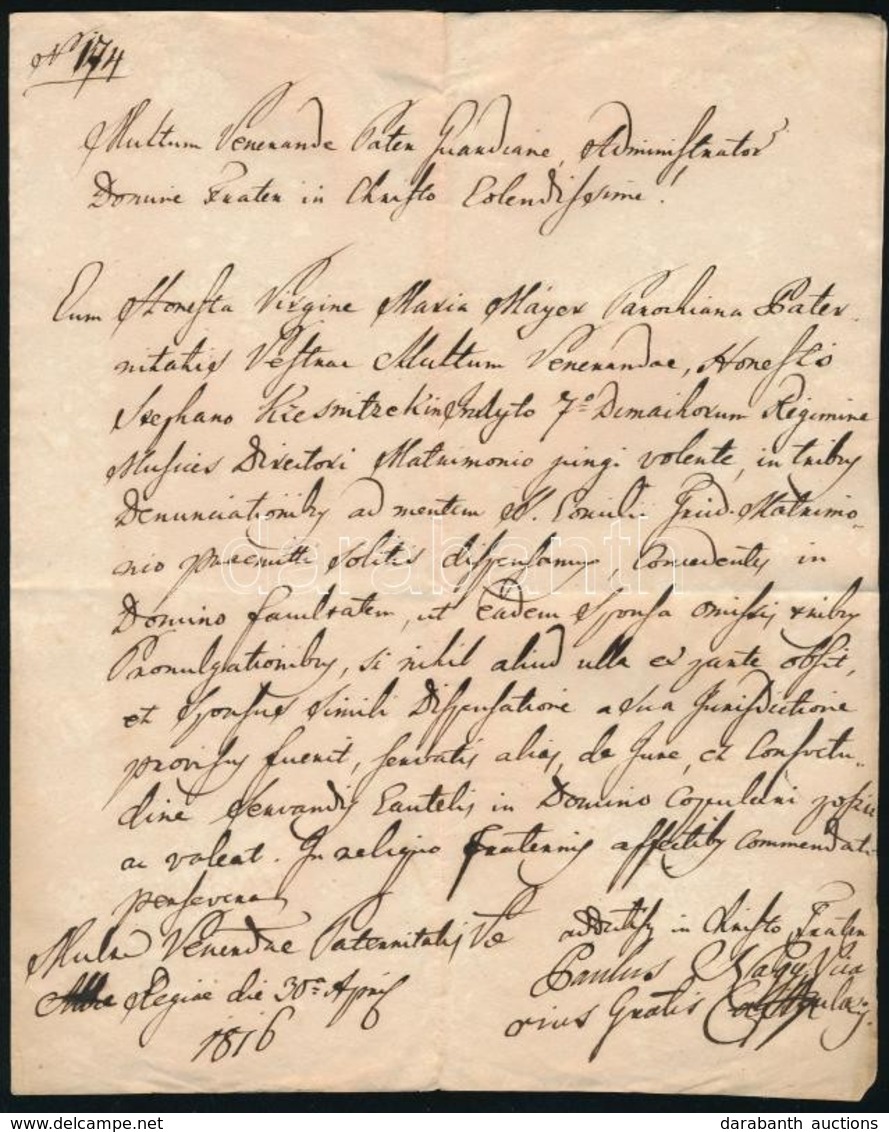1816 Székesfehérvár, Diszpenzációs Levél, Nagy Pál Aláírásával, Vízjeles Papíron + Levél - Ohne Zuordnung