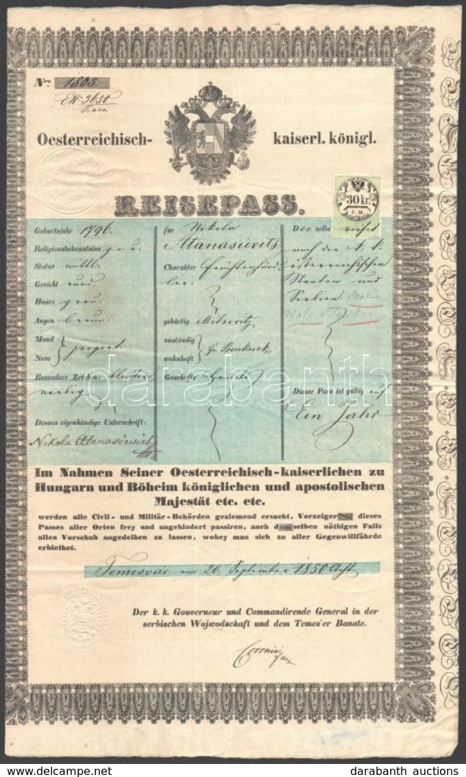 1850 Temesvár, Osztrák Császára Királyi útlevél, 30 Kr C.M. Okmánybélyeggel / Passport - Ohne Zuordnung