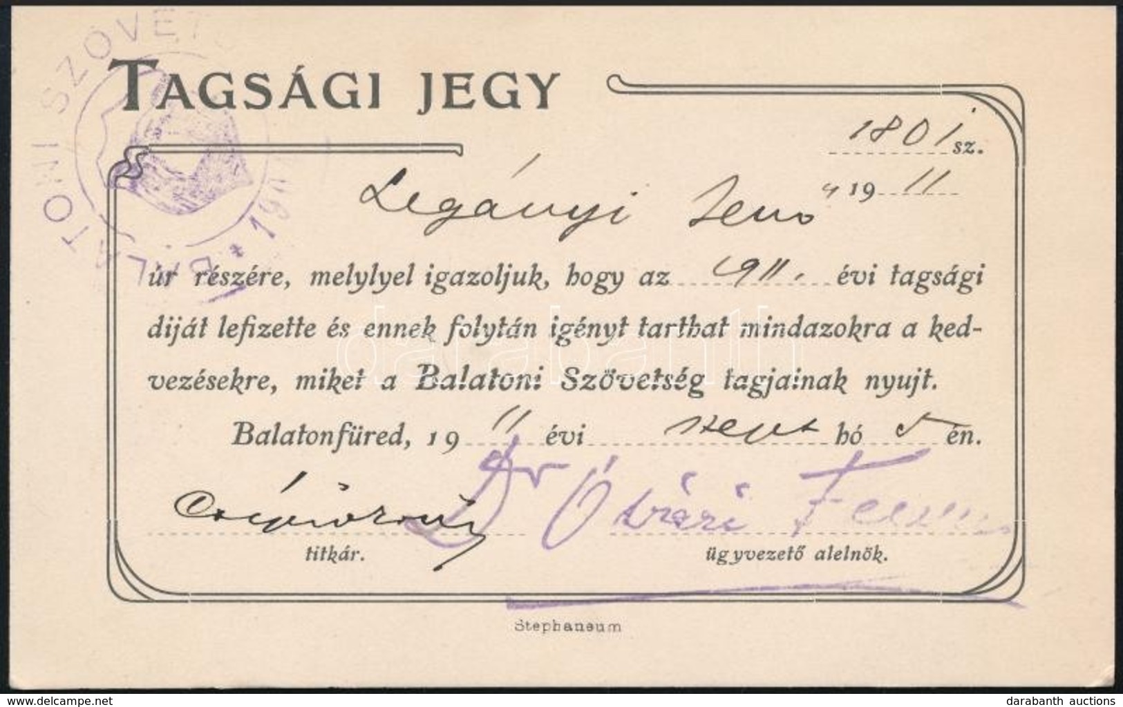 1911 A Balaton Szövetség Tagsági Jegye Legányi Jenő Részére, Szép állapotban - Sin Clasificación