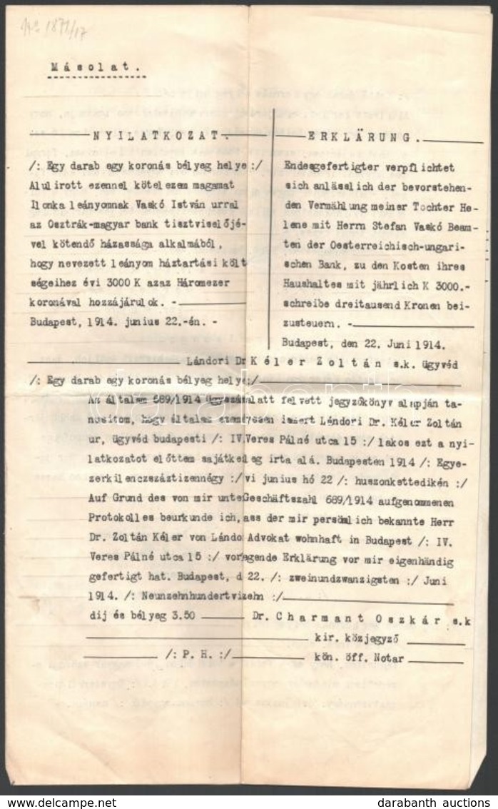 1917 Nyilatkozat Hiteles Másolata Okmánybélyeggel - Sin Clasificación