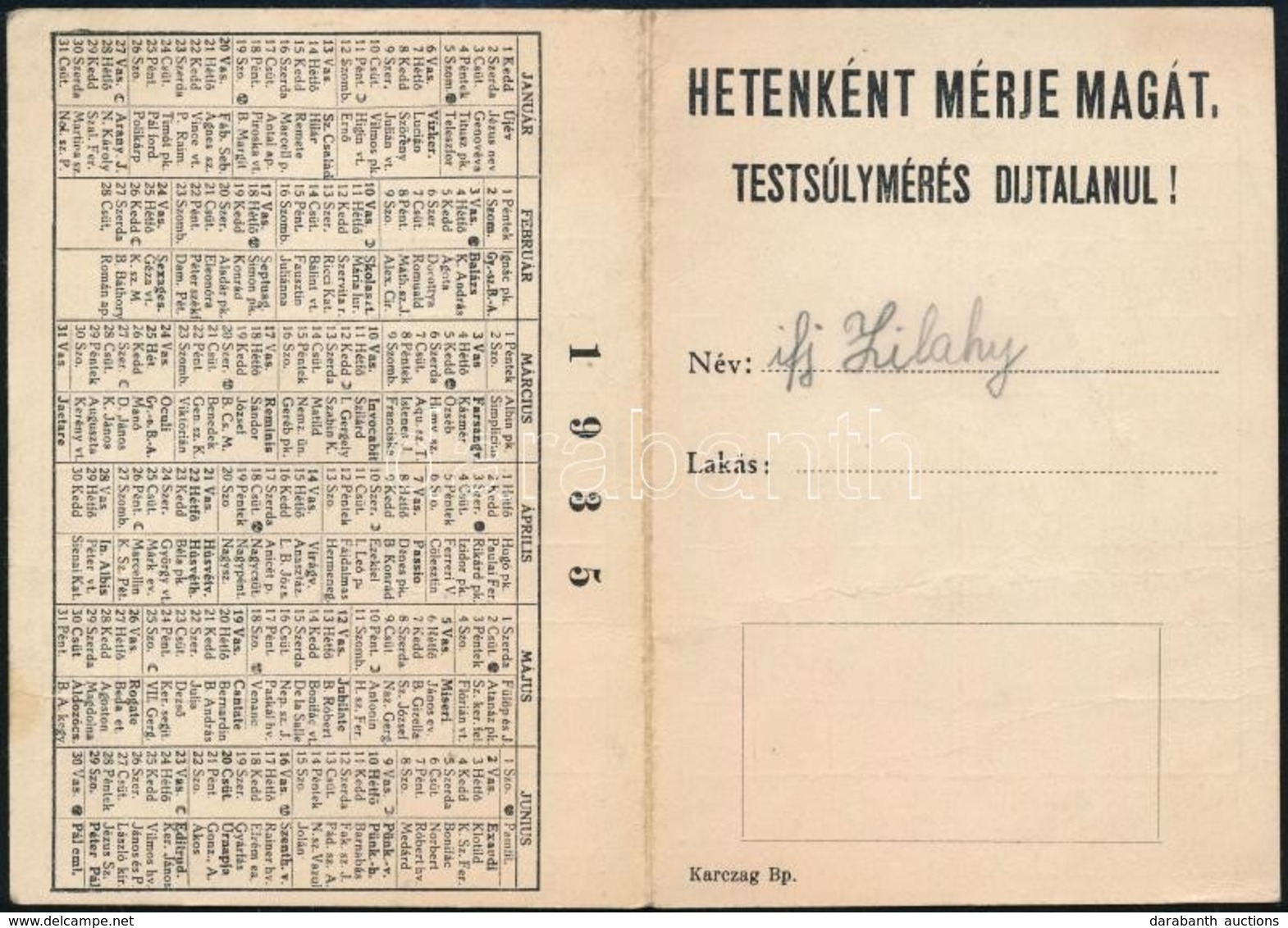 1935 Hetenként Mérje Magát! Testsúlymérés Díjtalan - Ellenőrző Füzet Videx és Demaglon Reklámmal - Werbung