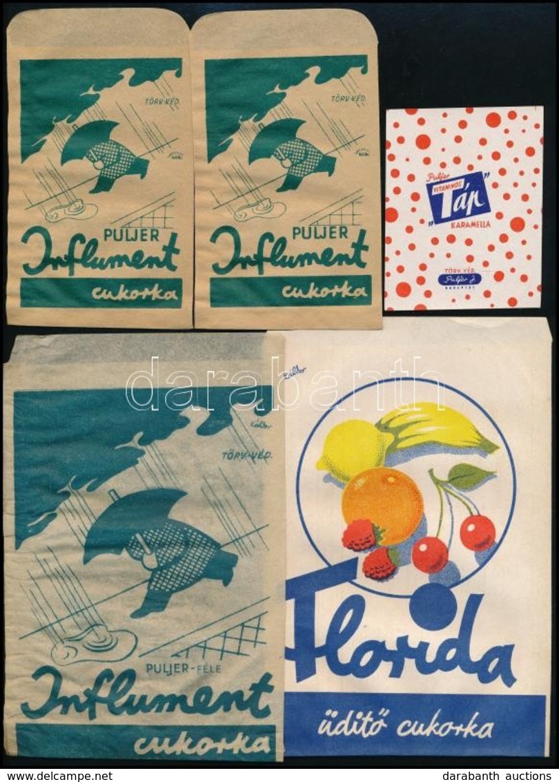 Cca 1940 5 Db Gyógyszertári Gyógycukorka Reklámos Papírtasak és Címke (1 Db) / Pharmacy Pills Bags And Labels - Publicidad