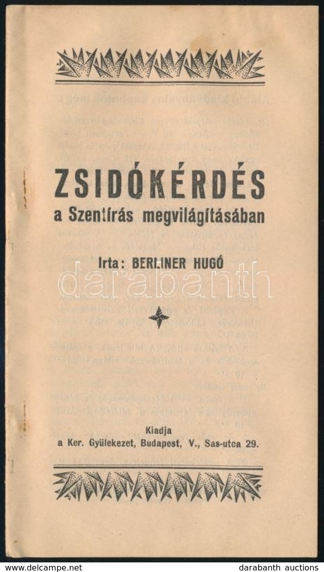 1935 Berliner Hugó: Zsidókérdés A Szentírás Megvilágításában, Jó állapotban, 24p - Sonstige & Ohne Zuordnung