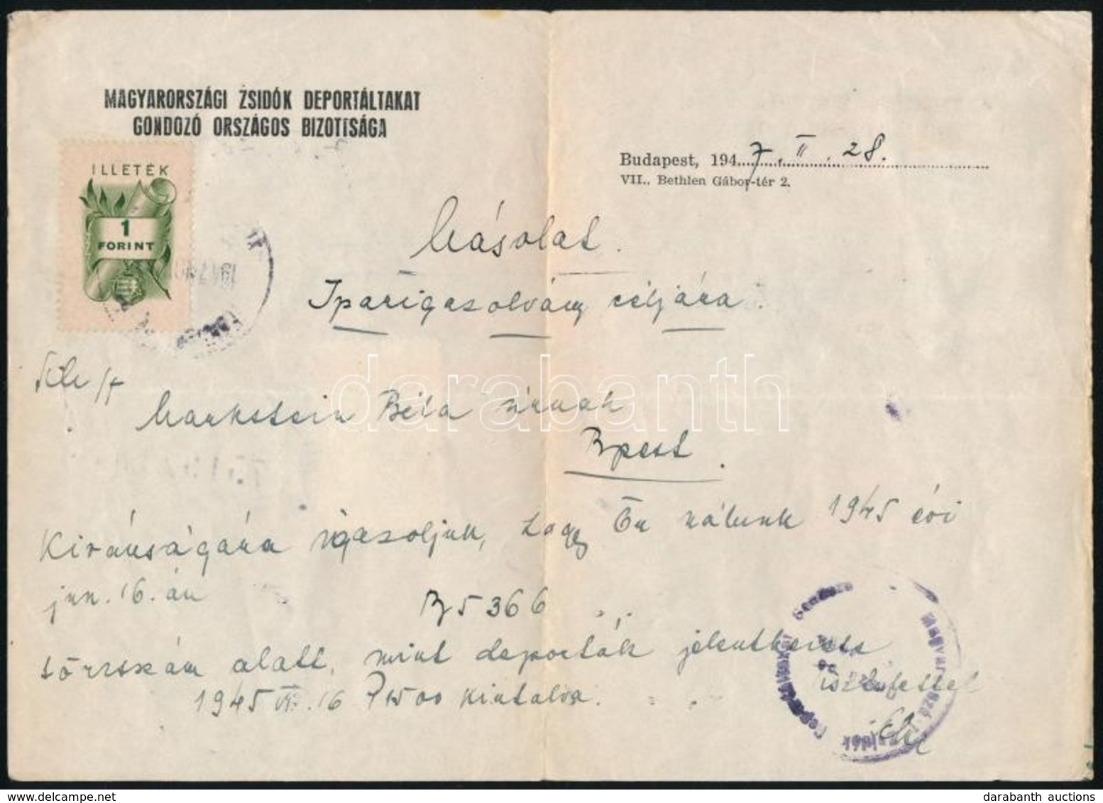 1947 A Magyarországi Zsidók Deportáltakat Gondozó Országos Bizottsága által Kiállított Igazolványmásolat Iparigazolvány  - Altri & Non Classificati