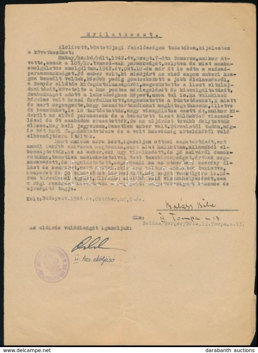 1946 Volt Munkaszolgálatos írásbeli, Aláírt Nyilatkozata Korábbi Századparancsnokról - Sonstige & Ohne Zuordnung