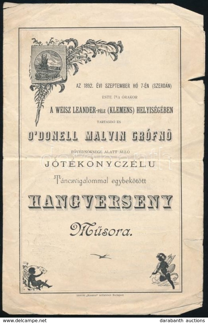 1892 O'Donell Margit Grófnő Védnöksége Alatt álló Jótékonyczélú Hangverseny Műsora Szakadásokkal - Ohne Zuordnung