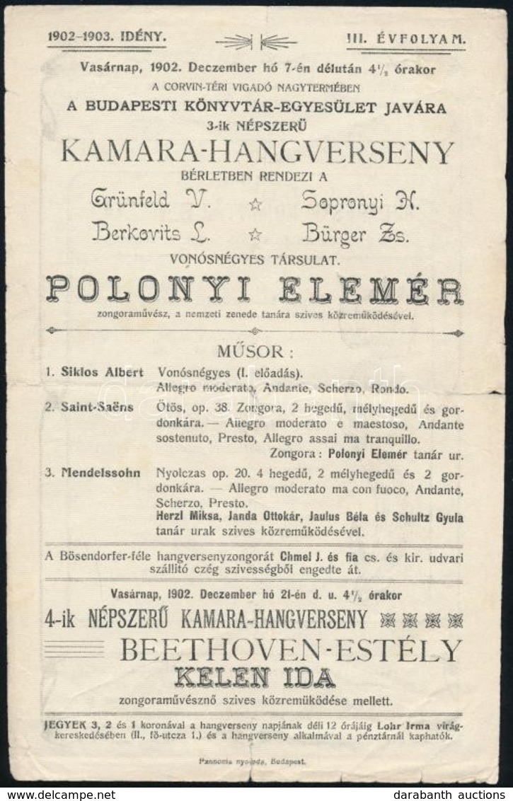 1902 Kamara Hangverseny, Polonyi Elemér Zongoraművész Estjére Szóló Meghívó - Ohne Zuordnung