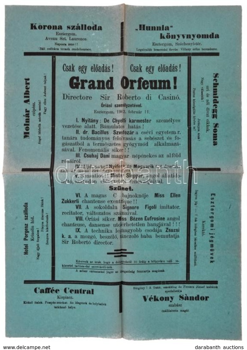 1902 A 'Grand Orfeum' Előadás Az Esztergomi Korona Szállóban, Csupa Lökött Műsorszámmal, Körben Bolond Reklámokkal, Plak - Sonstige & Ohne Zuordnung