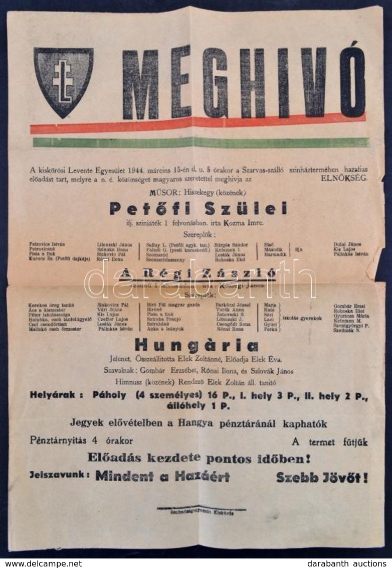 1944 Levente Egyesület Előadásának Plakátja. 30x42 Cm - Sonstige & Ohne Zuordnung