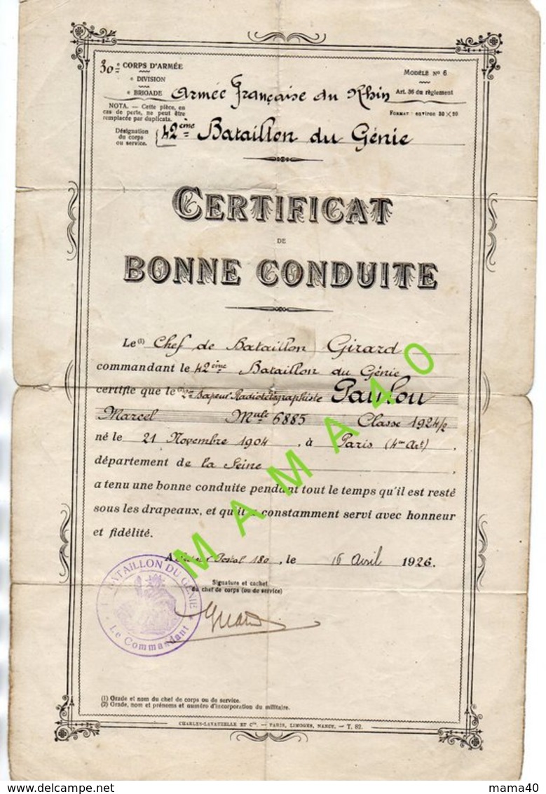 CERTIFICAT DE BONNE CONDUITE - 1926 - ARMEE FRANCAISE DU RHIN - 42ème BATAILLON DU GENIE - SAPEUR RADIOTELEGRAPHISTE - Documents