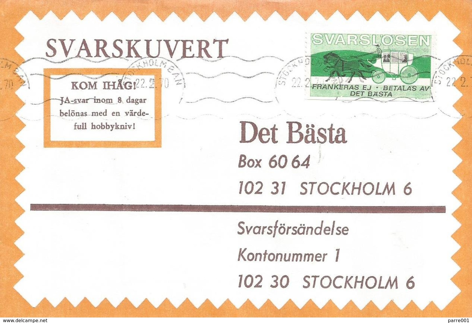 Sweden 1970 Stockholm Postal Wagon Postage Paid Cover - Emissions Locales