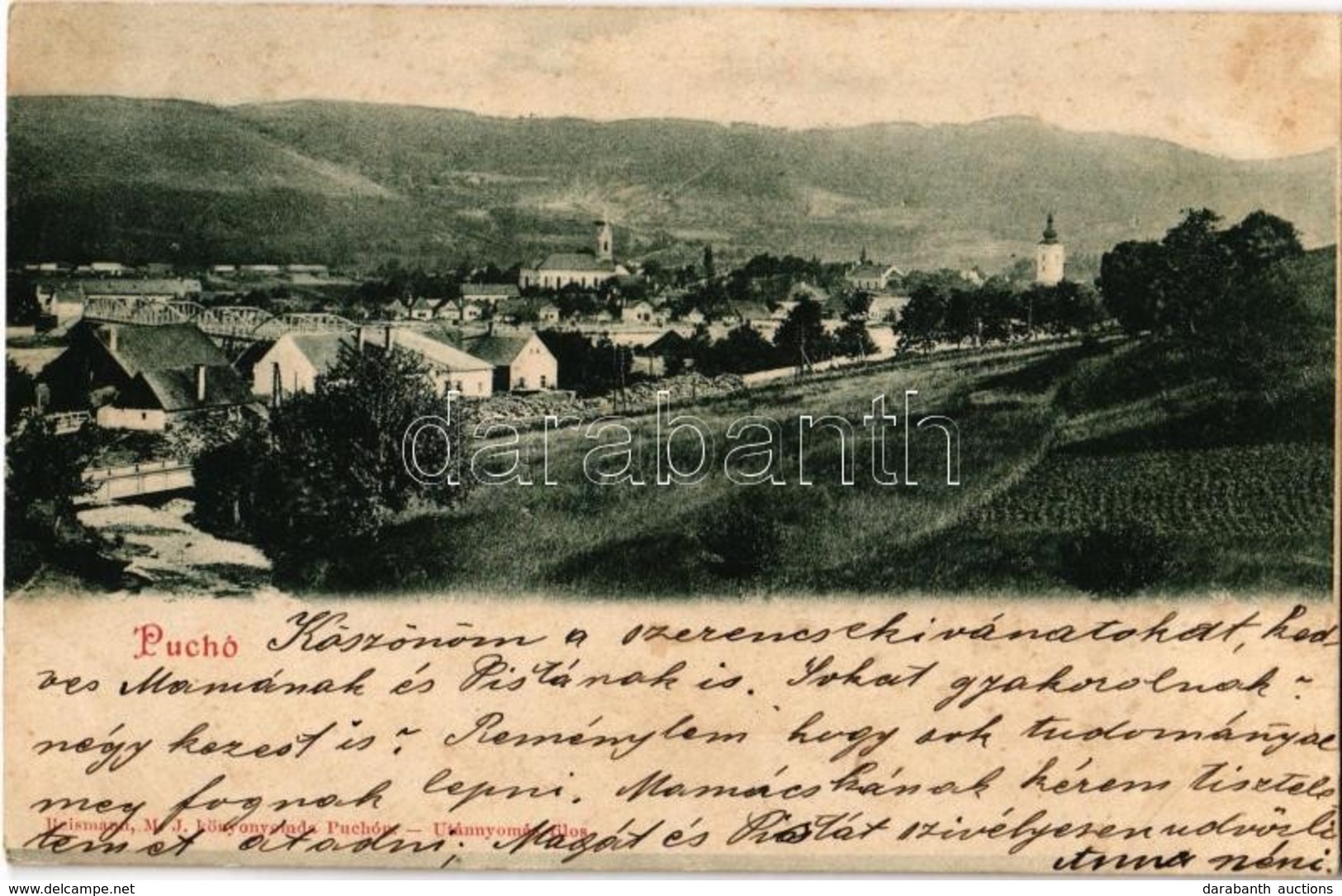 T2/T3 1902 Puhó, Púchov; Látkép, Templomok, Zsinagóga, Híd. Kiadja Reismann M. J. Könyvnyomdája / General View, Churches - Ohne Zuordnung