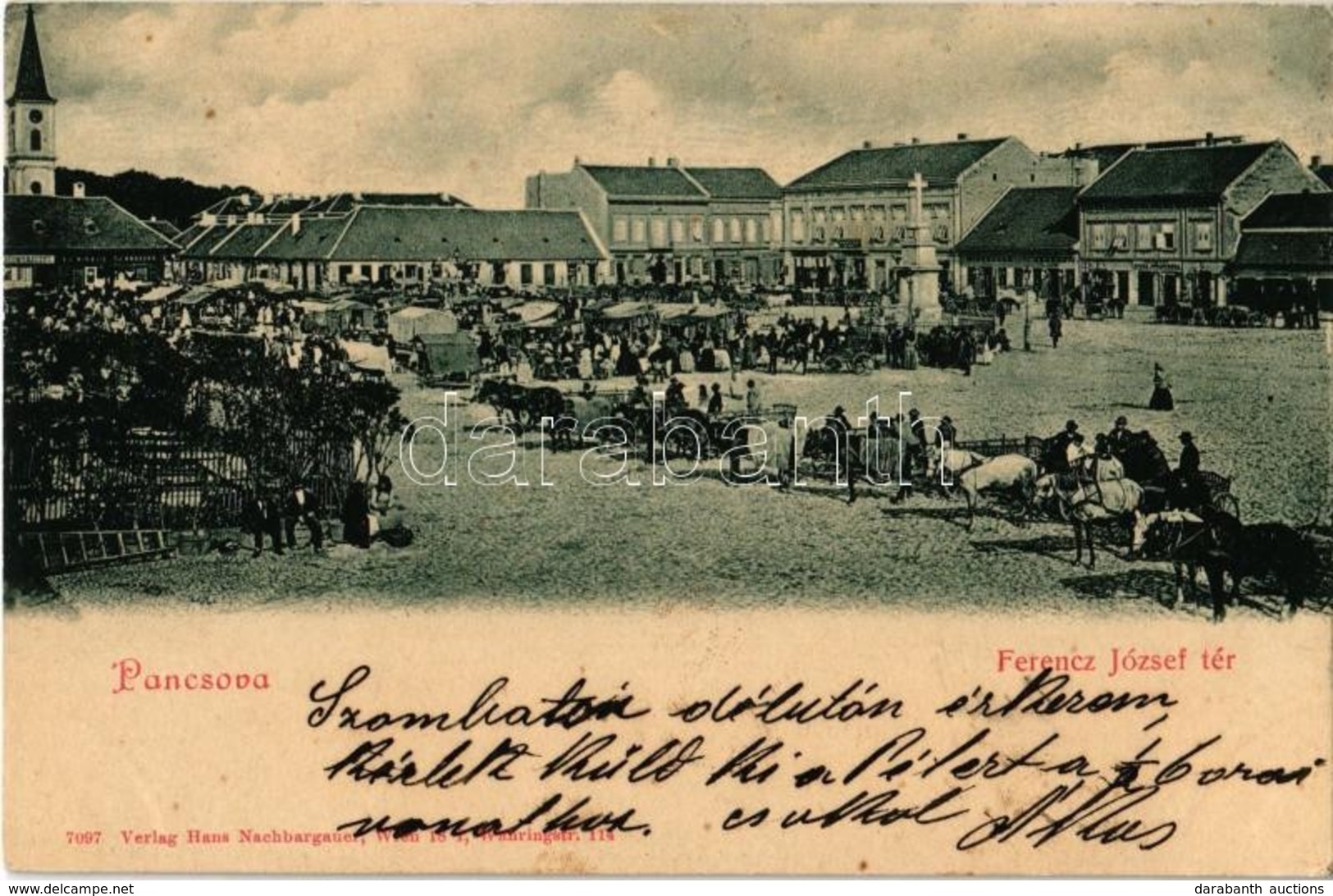 T2 1900 Pancsova, Pancevo; Ferenc József Tér, Piaci árusok, Sörcsarnok, üzletek. Kiadja Hans Nachbargauer / Square, Mark - Ohne Zuordnung