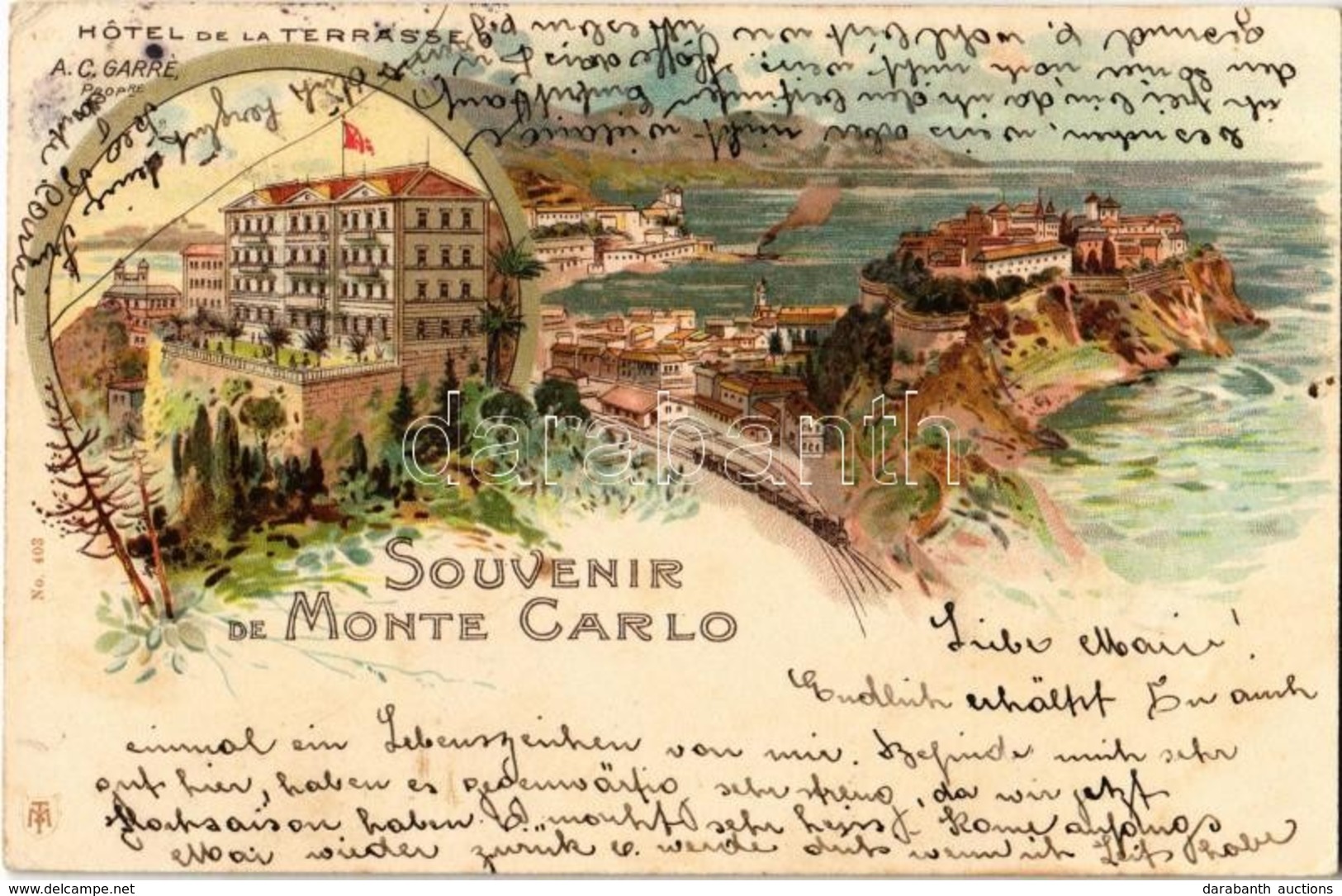 T2/T3 1906 Monte Carlo, Hotel De La Terrasse (prop. A. C. Garre) / Hotel, Locomotive, Railway Line. Art Nouveau, Floral, - Sin Clasificación