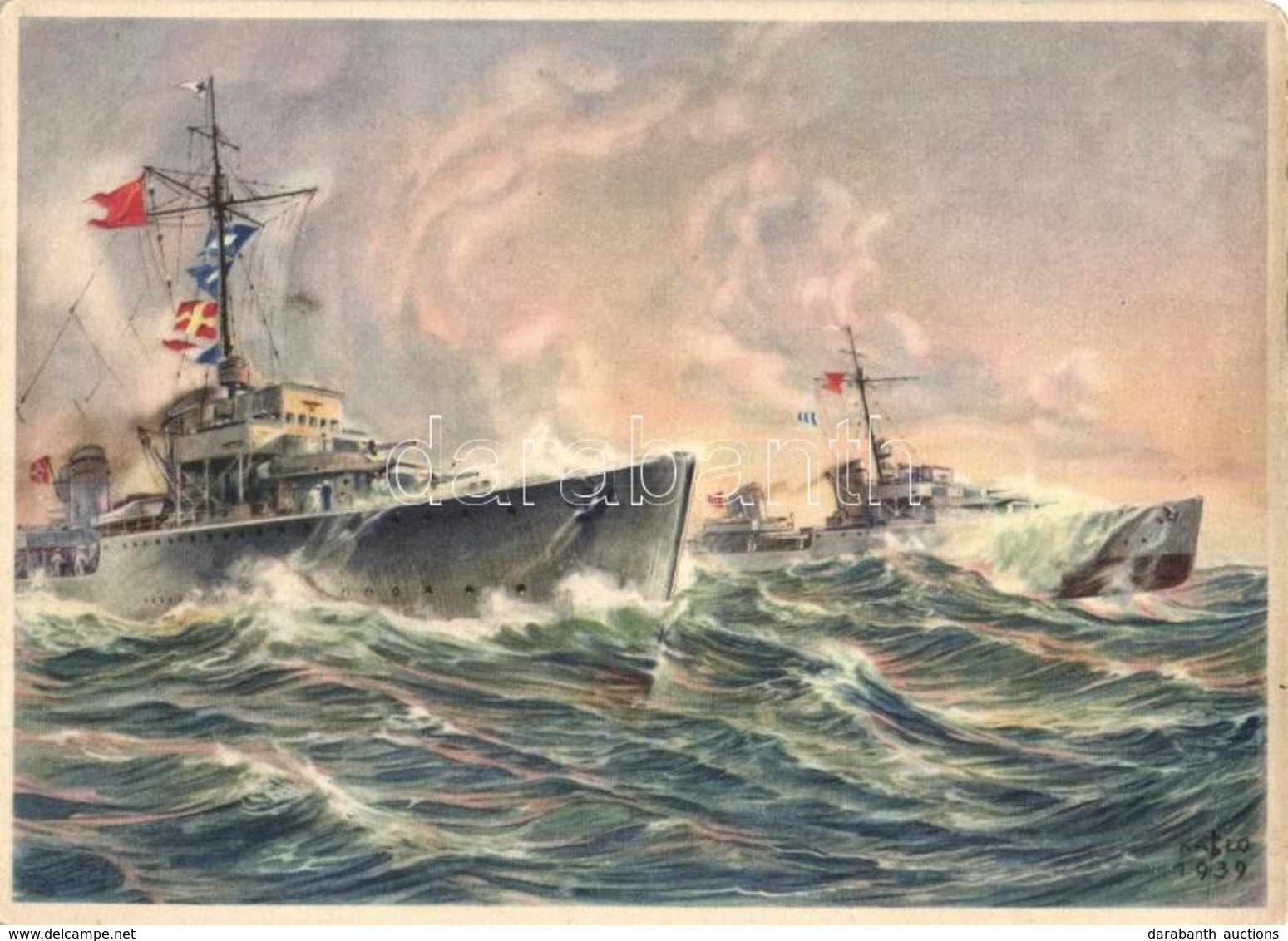 ** T2/T3 Wehrmachts-Postkarten Serie 4, Bild 2, Zerstörer / WWII German Navy Destroyer, Art Postcard, S: Kablo (EK) - Ohne Zuordnung