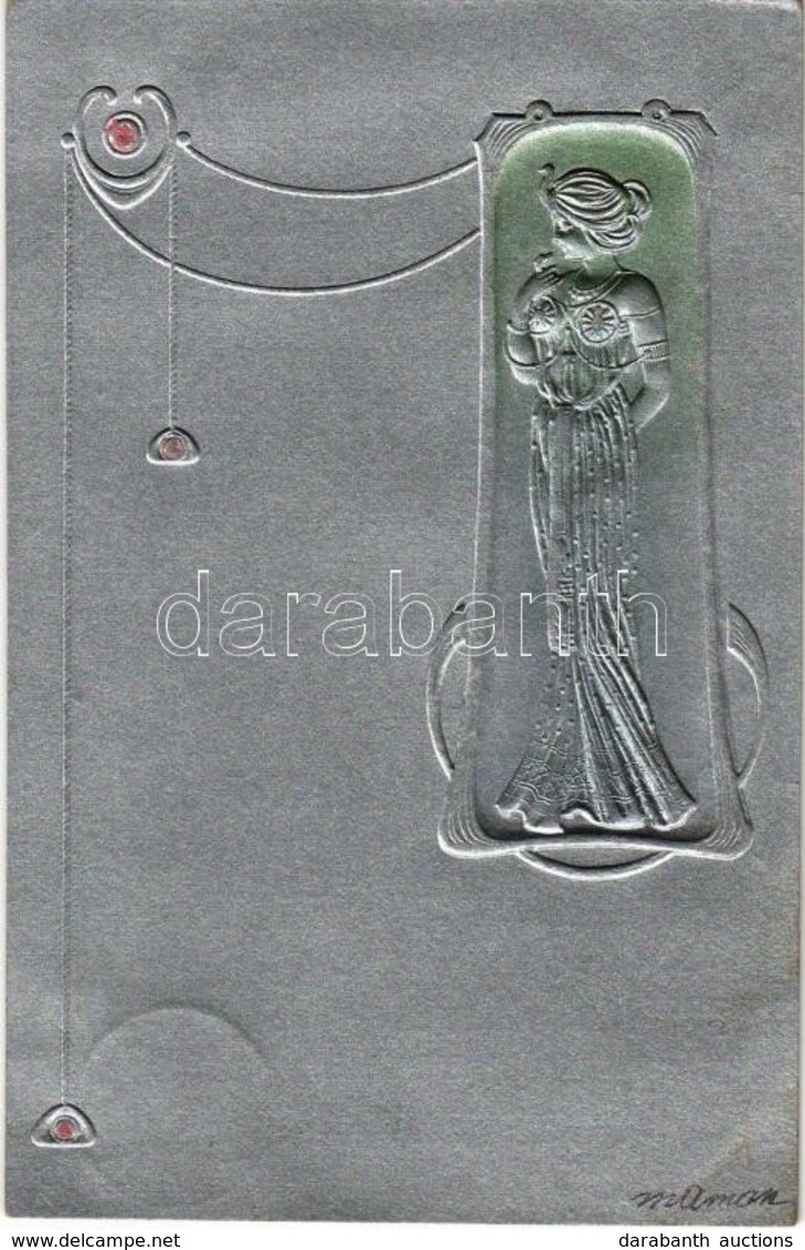 T2/T3 1904 Art Nouveau Silver Embossed Lady. Unsigned Raphael Kirchner (EK) - Non Classés