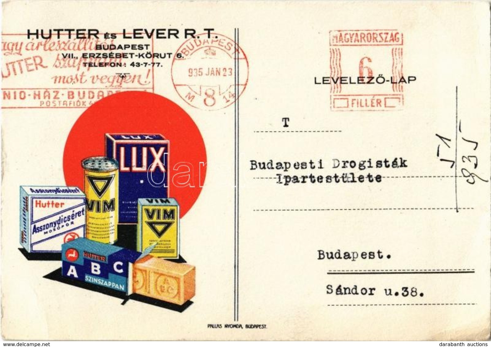 T2/T3 1935 Hutter és Lever RT. Szappan és Mosópor Reklámja, Levél A Budapesti Drogisták Ipartestületének / Hungarian Soa - Ohne Zuordnung