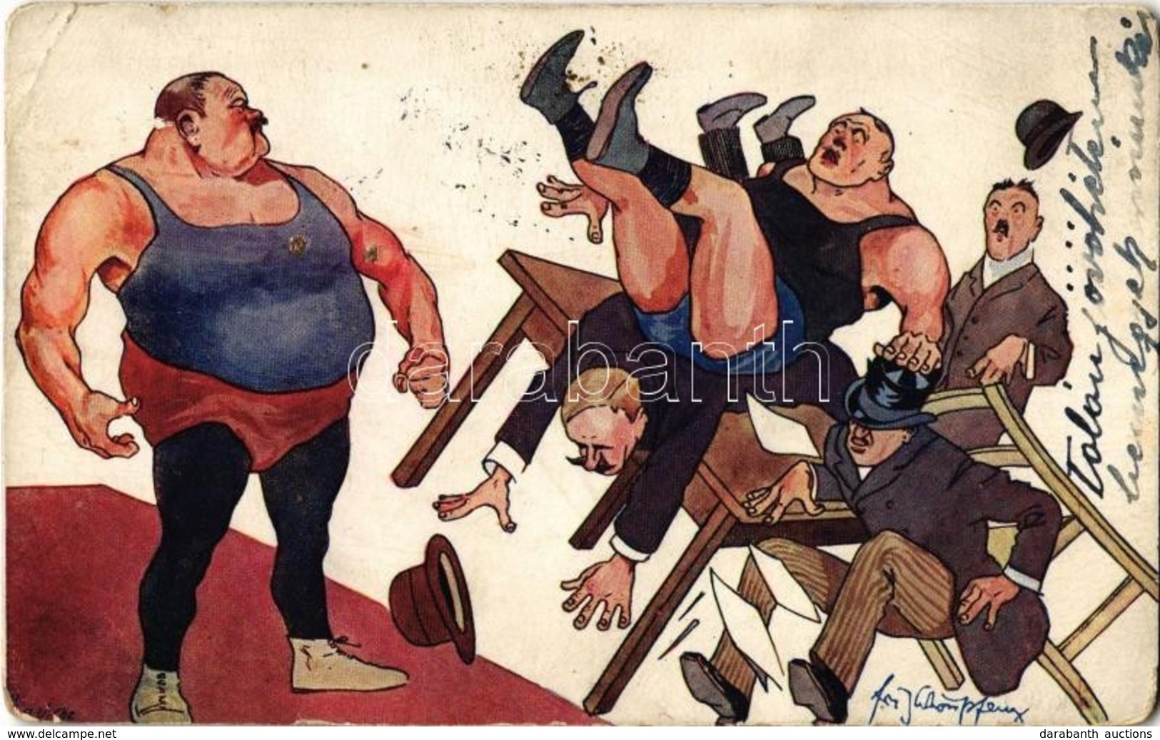 T3 Wrestlers, Humourous Art Postcard, B.K.W.I. 492-2. S: Schönpflug (pinholes) - Ohne Zuordnung